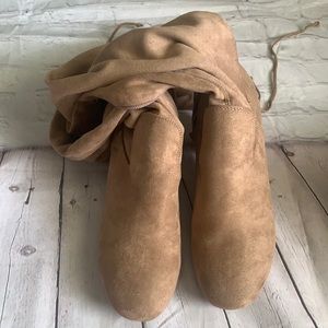 Gently worn. Justfab Suede tan, knee high boots. Size 9.5. Box included.